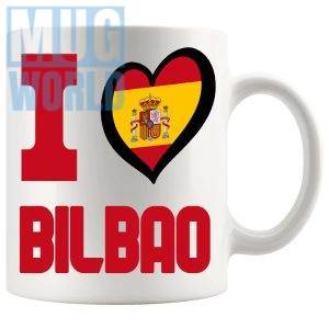White ceramic 11oz coffee mug featuring "I Love Bilbao" text with a red heart, high-quality Spanish city souvenir and travel gift.
