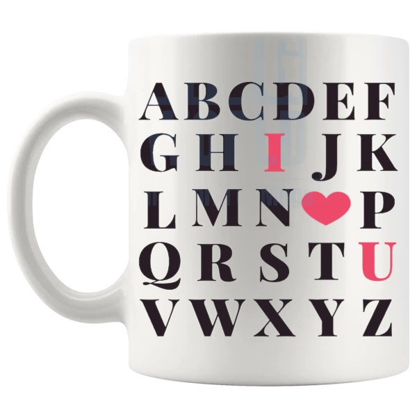 ABC I Love You Mug love-themed mug for Valentine's Day and romantic gifts shown with handle on the left