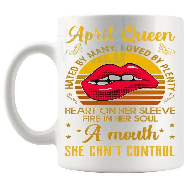 April Queen Birthday Mug funny birth month gift for her with red lips design left handle