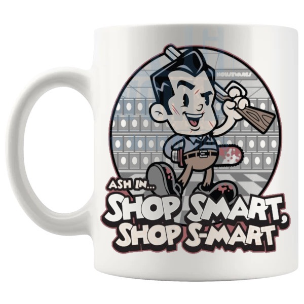 Ash In Shop Smart Mug funny cult horror comedy gift shown with handle on the left