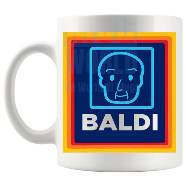 Baldi Mug funny bald gift for men shown with handle on the left