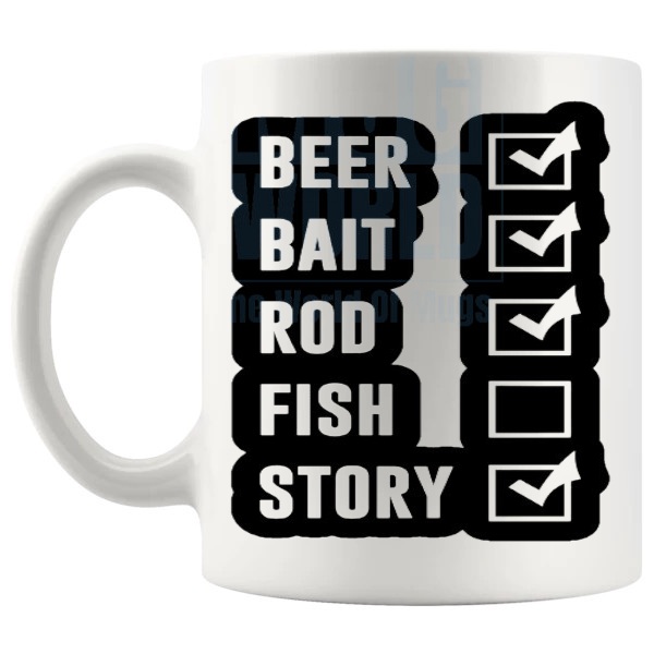 Beer Bait Rod Fish Story Mug funny fishing gift shown with handle on the left