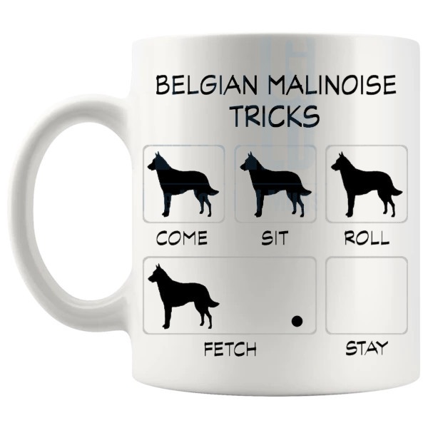 Belgian Malinois Tricks Mug funny dog breed gift for Belgian Malinois owners shown with handle on the left