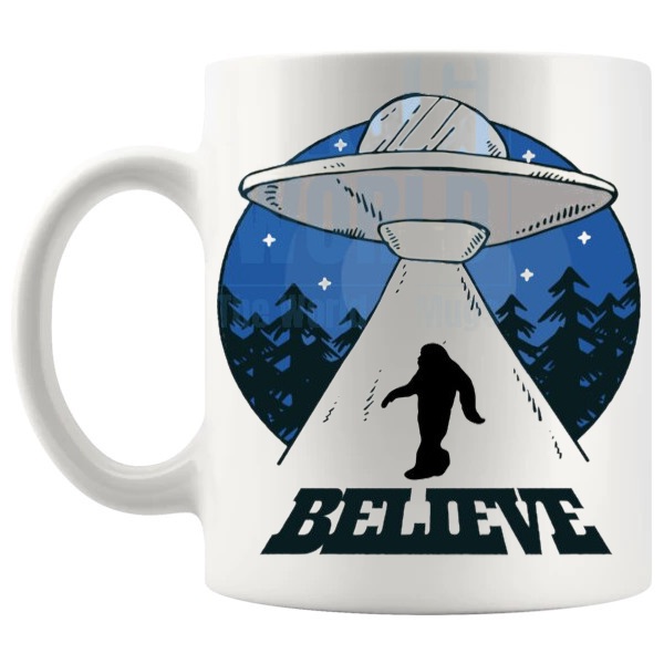 Believe Mug alien conspiracy gift for UFO fans shown with handle on the left
