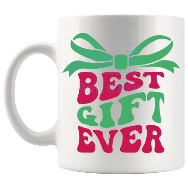 Best Gift Ever Mug funny christmas gift design on a white mug shown with handle on the left