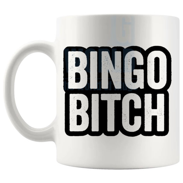 Bingo Bitch Mug funny rude gift for bingo fans shown with handle on the left