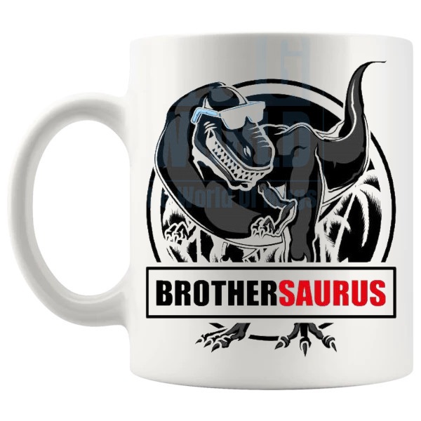 Brothersaurus Mug funny dinosaur gift for brother shown with handle on the left