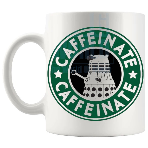 Caffeinate Design 2 Mug fan inspired coffee lover gift shown with handle on the left