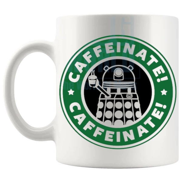 Caffeinate Mug fan inspired coffee lover gift shown with handle on the left