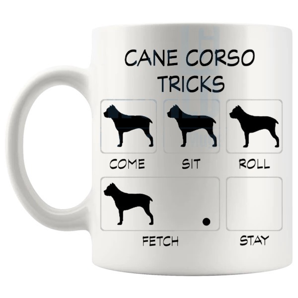 Cane Corso Tricks Mug funny dog breed gift for Cane Corso owners shown with handle on the left