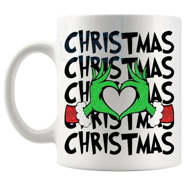 Christmas Grinch v2 Mug funny secret santa gift design on a white mug shown with handle on the left