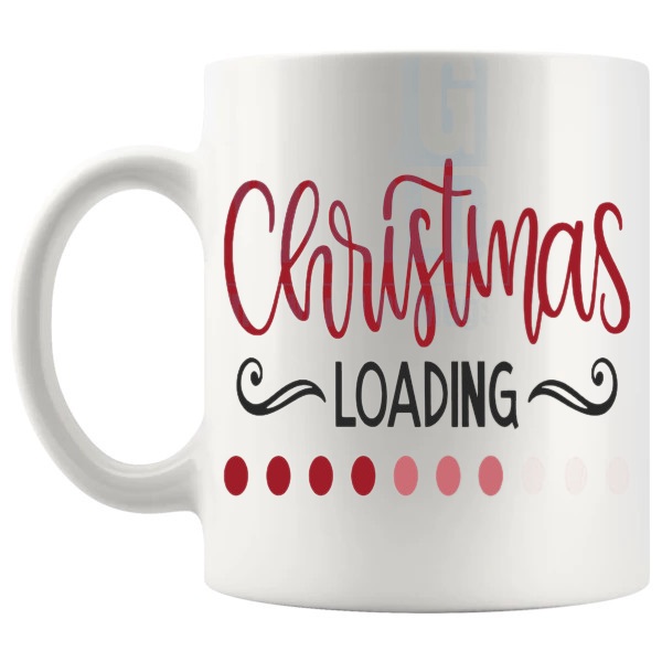 Christmas Loading Mug funny christmas gift design on a white mug shown with handle on the left