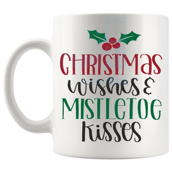 Mistletoe Kisses Mug romantic christmas gift design on a white mug shown with handle on the left