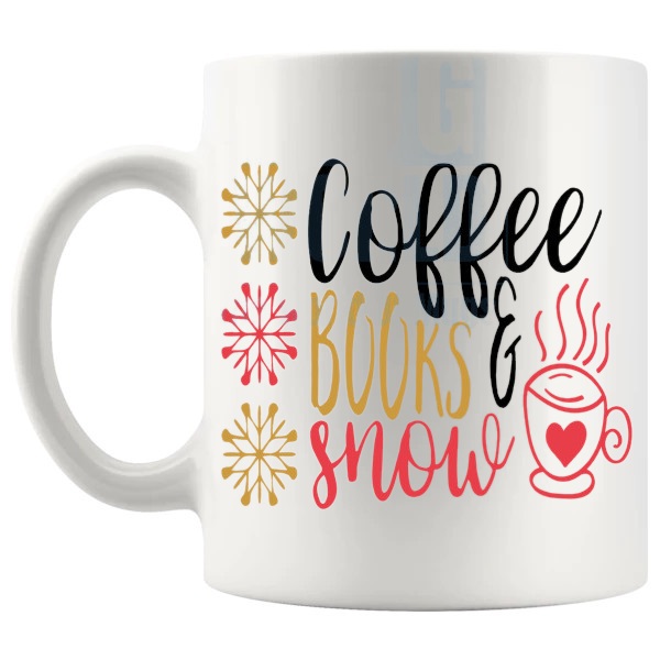 Coffee Books And Snow Mug cosy winter gift design on a white mug shown with handle on the left