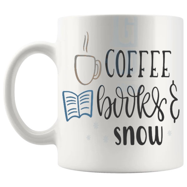 Coffee Books And Snow Design 2 Mug cosy winter gift design on a white mug shown with handle on the left