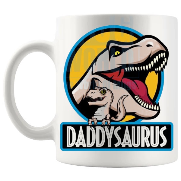 Daddysaurus Mug Style 1 funny dinosaur dad gift shown with handle on the left
