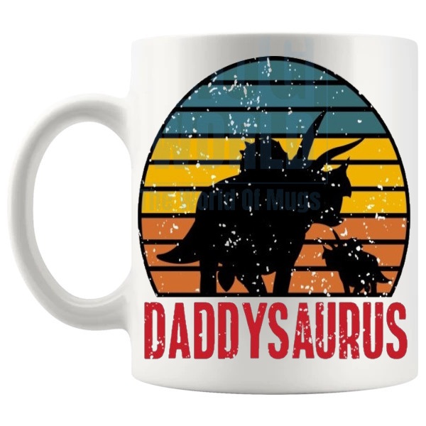 Daddysaurus Mug Style 2 funny dinosaur dad gift shown with handle on the left