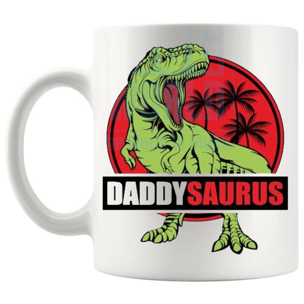 Daddysaurus Mug Style 3 funny dinosaur dad gift shown with handle on the left