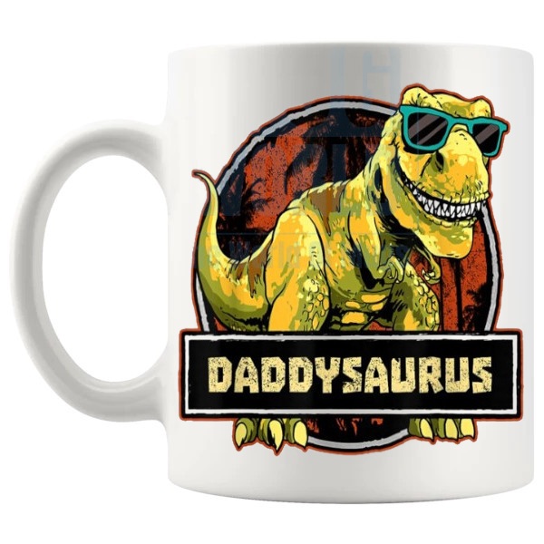 Daddysaurus Mug Style 4 funny dinosaur dad gift shown with handle on the left