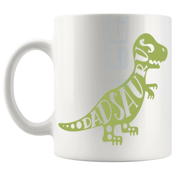 Dadsaurus Mug funny dinosaur dad gift shown with handle on the left