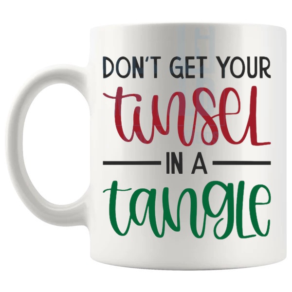Tinsel In A Tangle Mug funny christmas gift design on a white mug shown with handle on the left