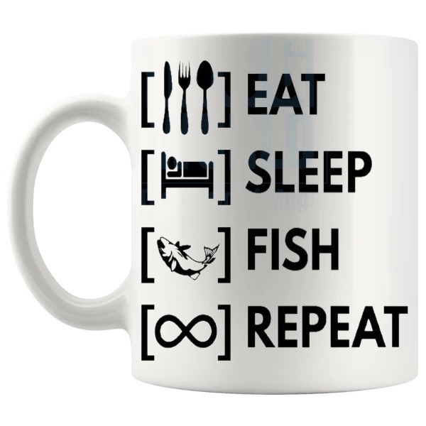 Eat Sleep Fish Repeat Mug funny fishing gift shown with handle on the left