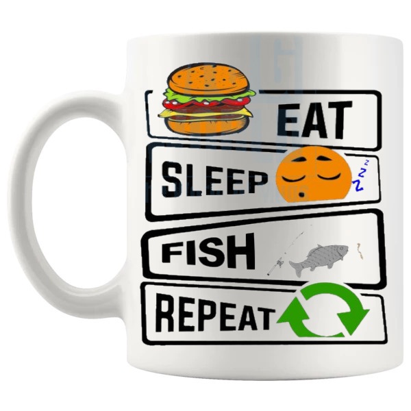 Eat Sleep Fish Repeat Mug v3 funny fishing gift shown with handle on the left