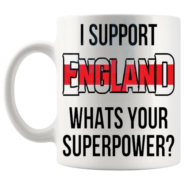 England Supporter Superpower Mug unofficial football fan gift shown with handle on the left