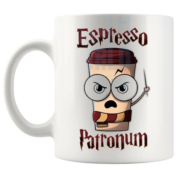 Espresso Patronum Design 2 Mug fan inspired coffee lover gift shown with handle on the left