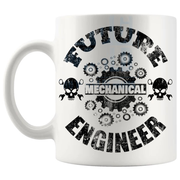Future Mechanical Engineer Mug gift for trainee engineers and engineering students shown with handle on the left