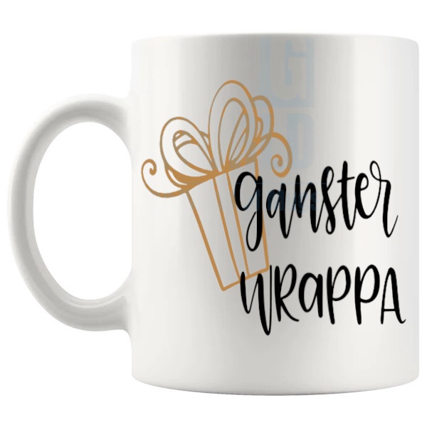 Gangster Wrappa Mug funny christmas gift design on a white mug shown with handle on the left