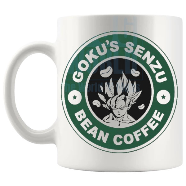 Goku's Senzu Bean Coffee Mug fan inspired coffee lover gift shown with handle on the left