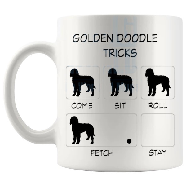 Golden Doodle Tricks Mug funny dog breed gift for Golden Doodle owners shown with handle on the left