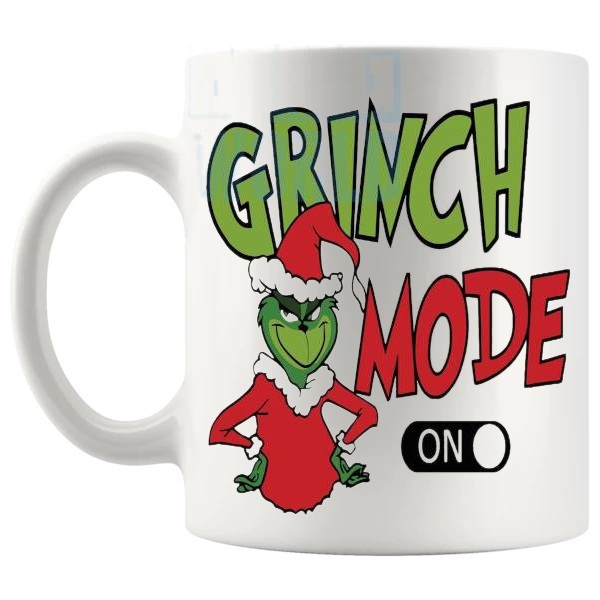 Grinch Mode On Mug funny secret santa gift design on a white mug shown with handle on the left