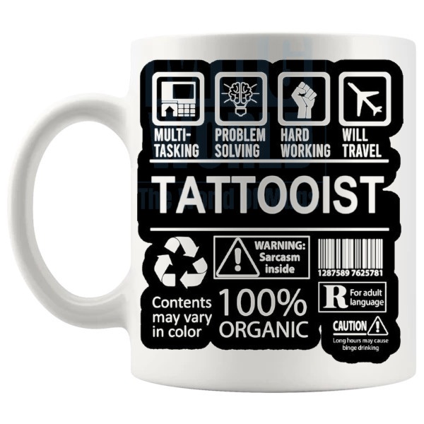 Hard Working Tattooist Mug gift for a tattoo artist shown with handle on the left