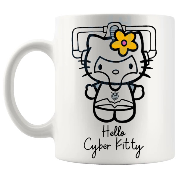 Hello Cyber Kitty Mug sci-fi robot fan gift with cute parody styling shown with handle on the left