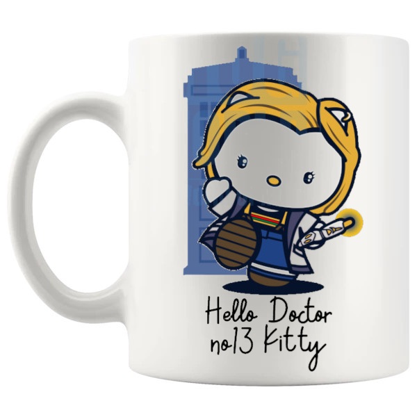 Hello Dr No.13 Mug sci-fi TV fan gift with cute parody styling shown with handle on the left