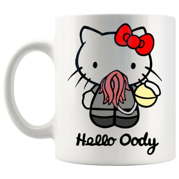Hello Oody Mug quirky sci-fi fan gift with cute parody styling shown with handle on the left