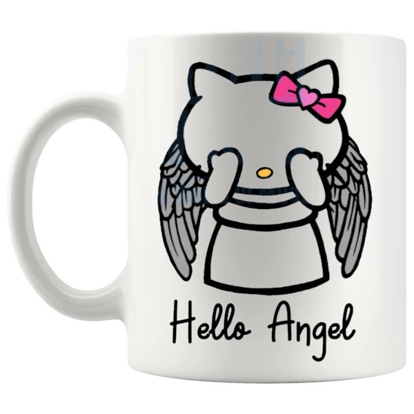 Hello Angel Mug spooky sci-fi fan gift with cute parody styling shown with handle on the left
