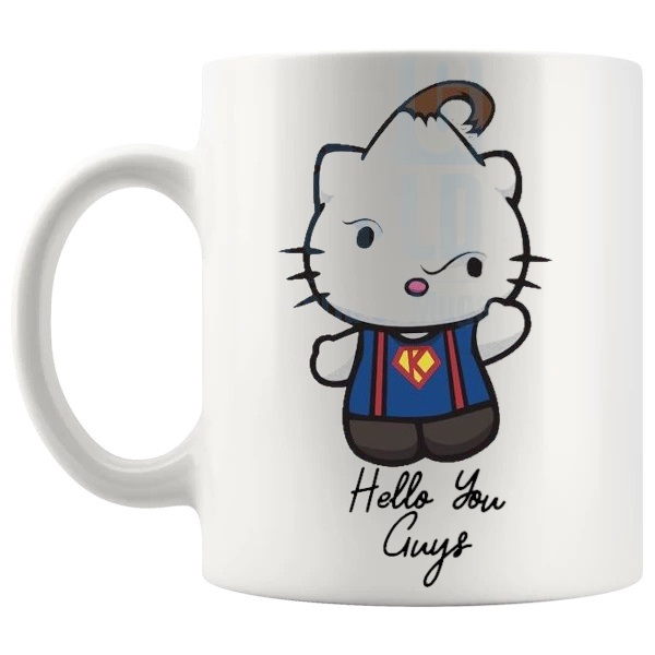 Hello You Guys Mug retro film fan gift with cute parody styling shown with handle on the left