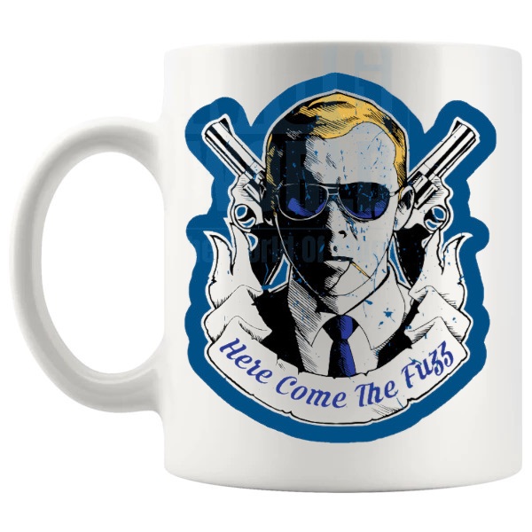Here Come The Fuzz Mug shown with handle on the left