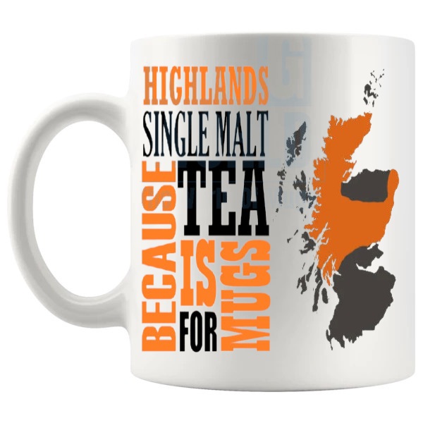 Highlands Single Malt mug funny whisky gift shown with handle on the left