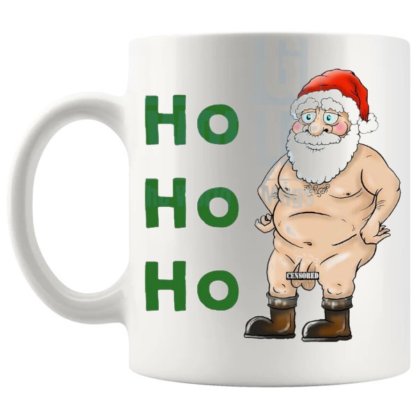 Rude Santa Mug rude christmas gift design on a white mug shown with handle on the left