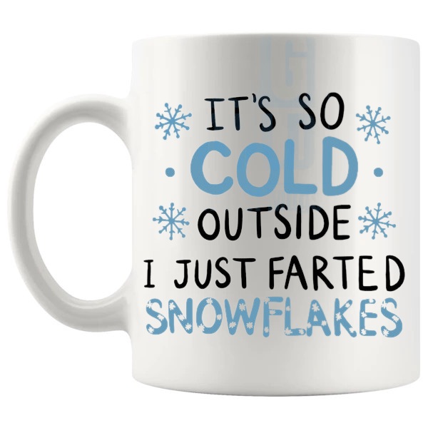 Farted Snowflakes Mug rude christmas gift design on a white mug shown with handle on the left