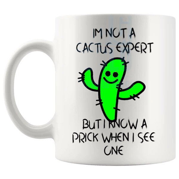 I'm Not A Cactus Expert Mug funny rude cactus gift shown with handle on the left