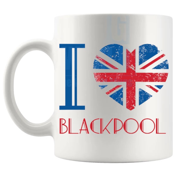 I Love Blackpool Mug local pride gift for anyone who loves Blackpool shown with handle on the left