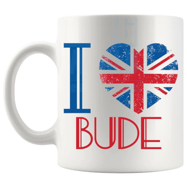 I Love Bude Mug local pride gift for anyone who loves Bude shown with handle on the left