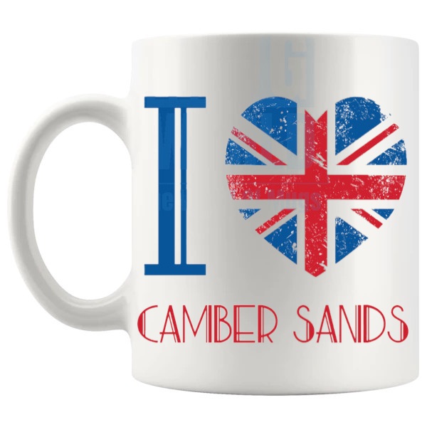 I Love Camber Sands Mug local pride gift for anyone who loves Camber Sands shown with handle on the left