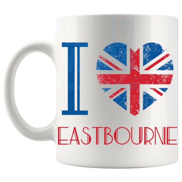 I Love Eastbourne Mug local pride gift for anyone who loves Eastbourne shown with handle on the left