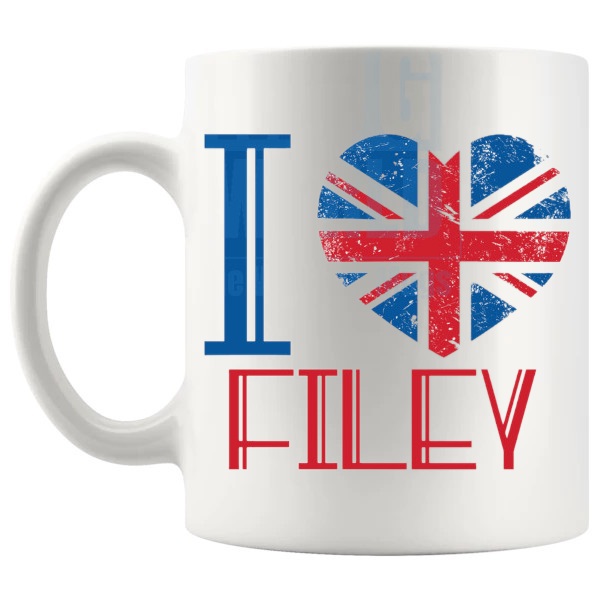 I Love Filey Mug local pride gift for anyone who loves Filey shown with handle on the left